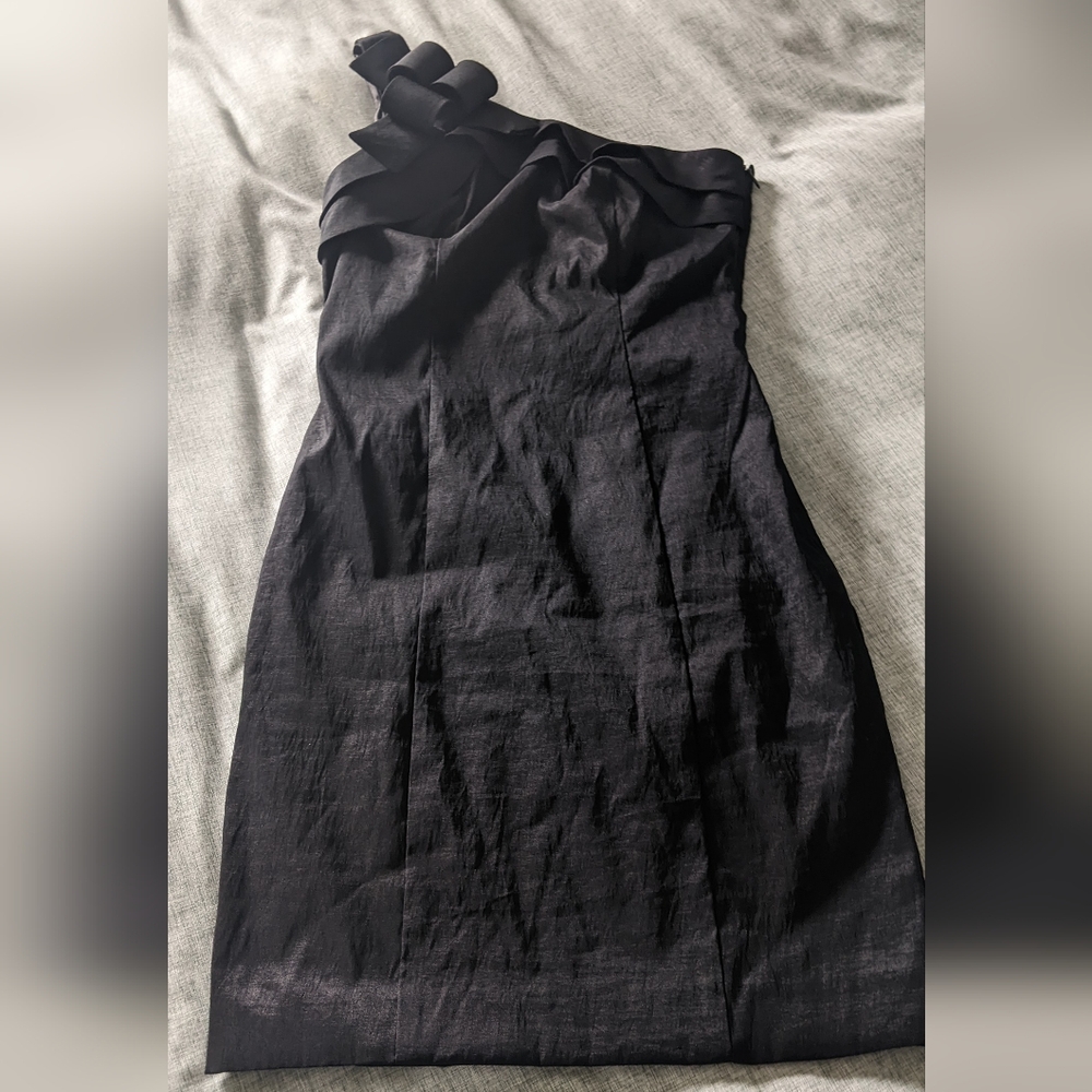 David's Bridal Brushed Satin Black One Shoulder Dress, size 2